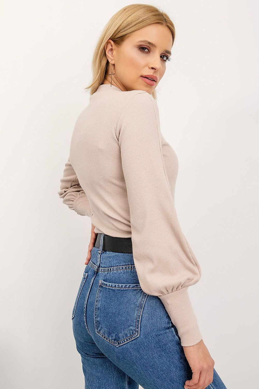 Elegant Long Sleeve Ribbed Blouse by Rue Paris showcased from the back, highlighting the luxurious cotton and spandex material with ribbed details, styled with blue jeans for a sophisticated outfit.