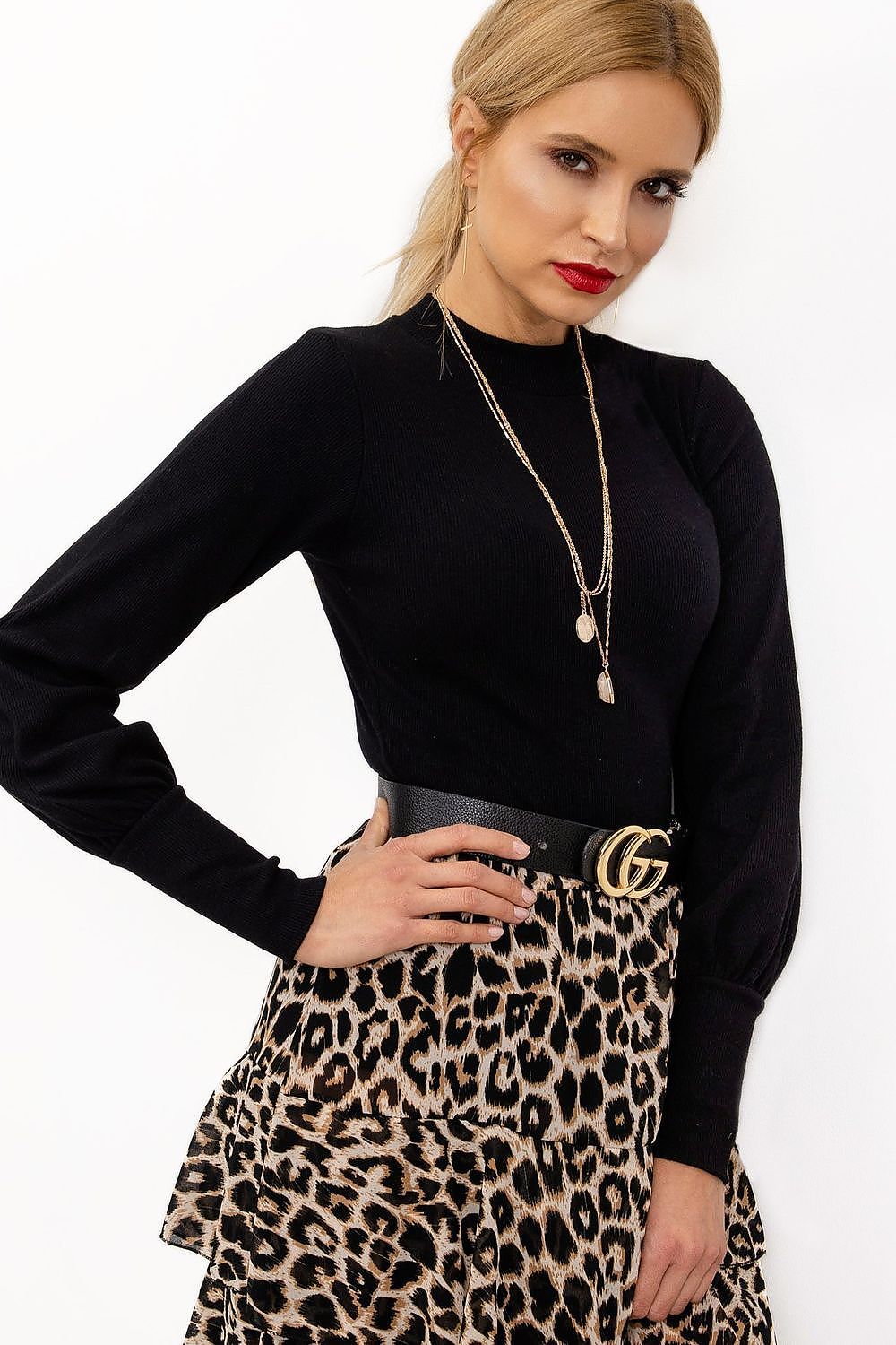 Elegant Long Sleeve Ribbed Blouse by Rue Paris in classic black, paired with a leopard print skirt and layered necklaces, perfect for a fashionable statement.