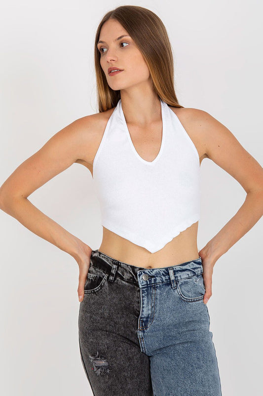 Luxury Ribbed Cotton Top from Rue Paris - Stylish Summer Essential in EU Sizes S to L, showcased on a model wearing a white ribbed top with a flattering halter neck design, paired with trendy split jeans.