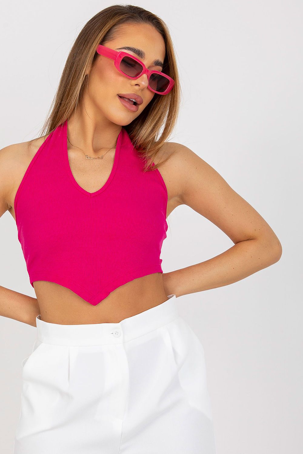Elegant casual wear: Ribbed Cotton Spandex Summer Top by Rue Paris in fuchsia, styled with chic sunglasses for a sophisticated summer look.