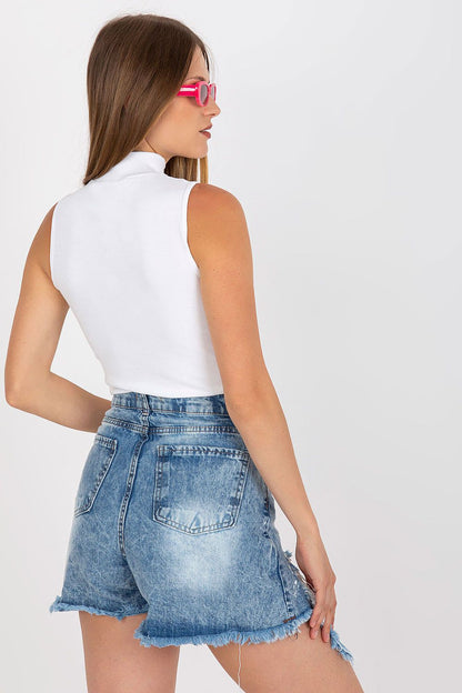 Elegant Ribbed Top With Half Turtleneck by Rue Paris, captured from behind, highlighting the minimalist design and fitted silhouette paired with trendy denim shorts.