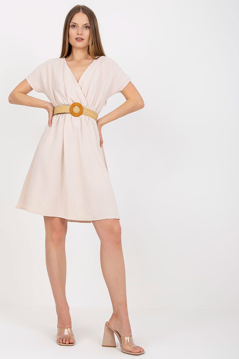 Elegant Short Sleeve Cotton Daydress with Flared Hem and Braided Belt by Rue Paris, showcasing a stylish wrapped design and complementing braided belt for a chic summer look.