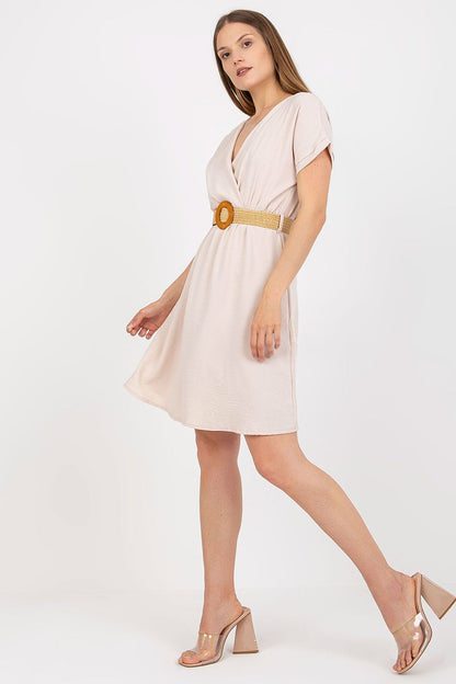 Elegant Short Sleeve Cotton Daydress with Flared Hem and Braided Belt by Rue Paris, featuring a flattering fit and flared hem in soft fabric for effortless elegance.