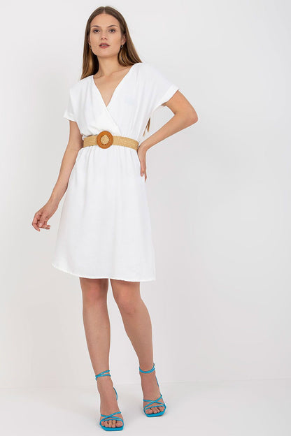 Elegant Short Sleeve Cotton Daydress with Flared Hem and Braided Belt by Rue Paris, presented in classic white, perfectly styled for any occasion with its sophisticated belt detail.