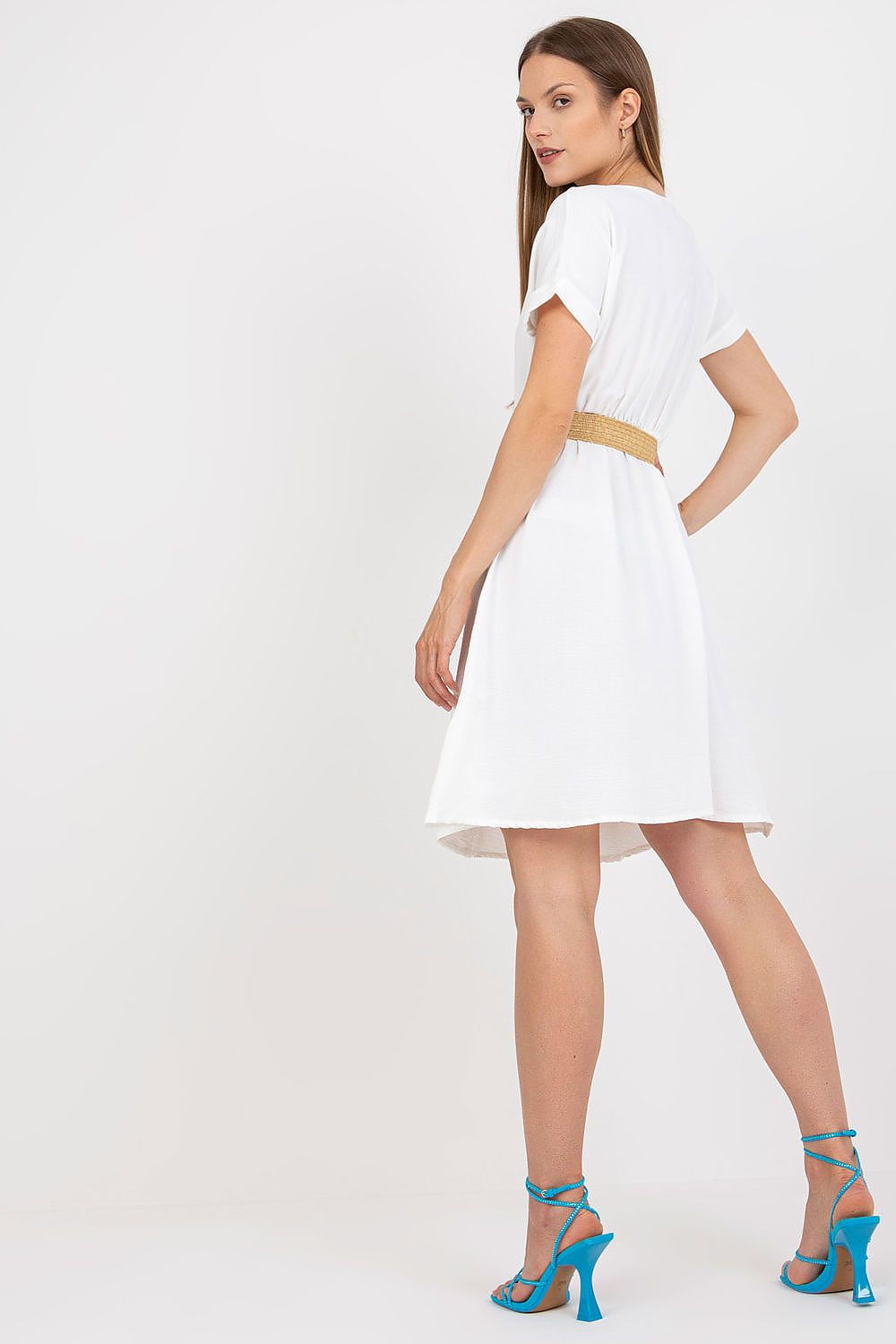 Elegant Short Sleeve Cotton Daydress with Flared Hem and Braided Belt by Rue Paris, showcased on a model from the back, highlighting the tasteful flared hem and braided detailing with stylish blue heels.