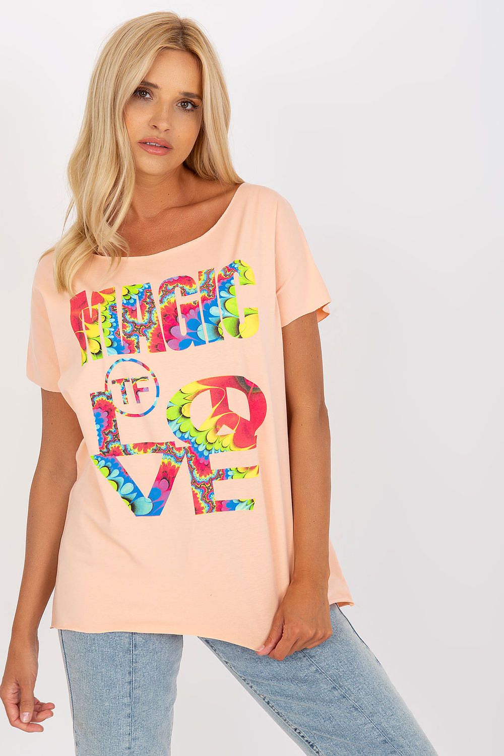 Elegant Straight Cut Cotton Spandex Blouse with Decorative Print – Short Sleeves, EU Size 0, model in an engaging pose displaying the blouse in peach, featuring an eye-catching graphic design.