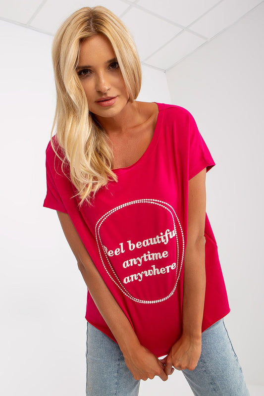 Elegant Short-Sleeved Blouse with Embroidery in vibrant pink worn by a model, showcasing a chic and stylish design, perfect for casual or formal occasions.