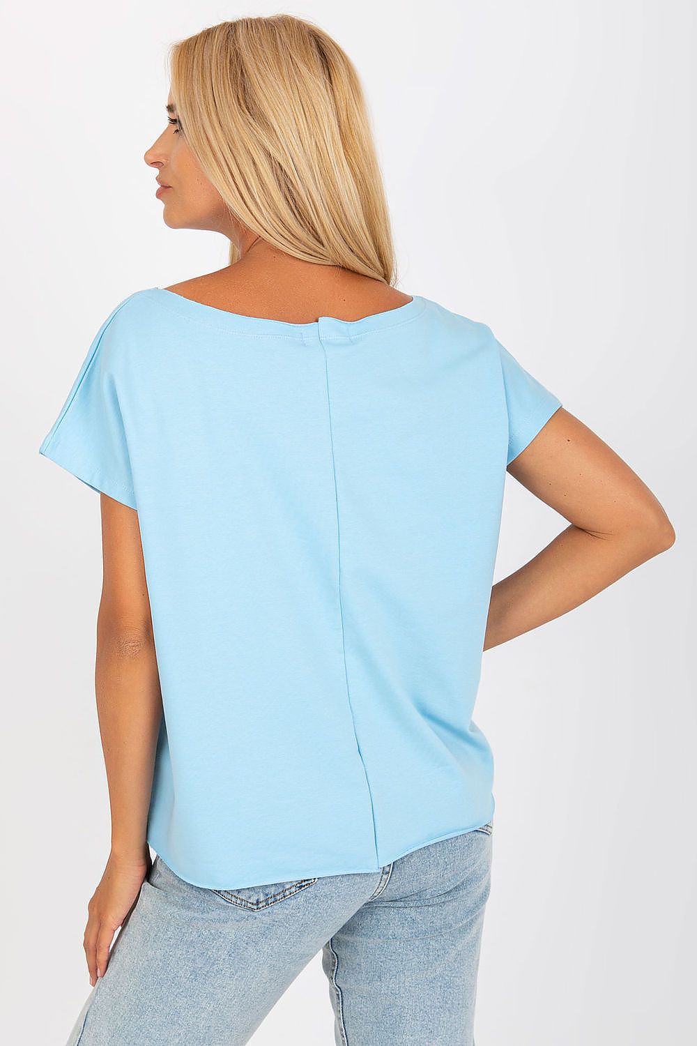 Elegant Short-Sleeved Blouse with Embroidery - Cotton and Spandex Blend, Loose Fit, back view of a model wearing a light blue blouse with elegant detailing.