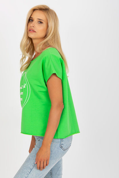 Elegant Short-Sleeved Blouse with Embroidery - Cotton and Spandex Blend, Loose Fit, showcased in vibrant green, styled with casual jeans for an effortlessly chic look.