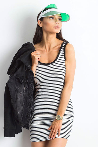 Elegant Summer Strapless Striped Mini Dress by Yups, showcasing a stylish model wearing the dress with a black denim jacket and green visor, perfect for any summer occasion.