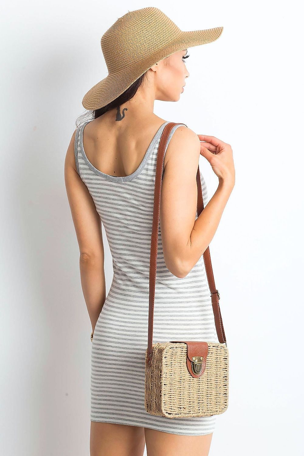 Elegant Summer Strapless Striped Mini Dress by Yups, showcasing a model from behind in a grey striped design, capturing the essence of summer style.