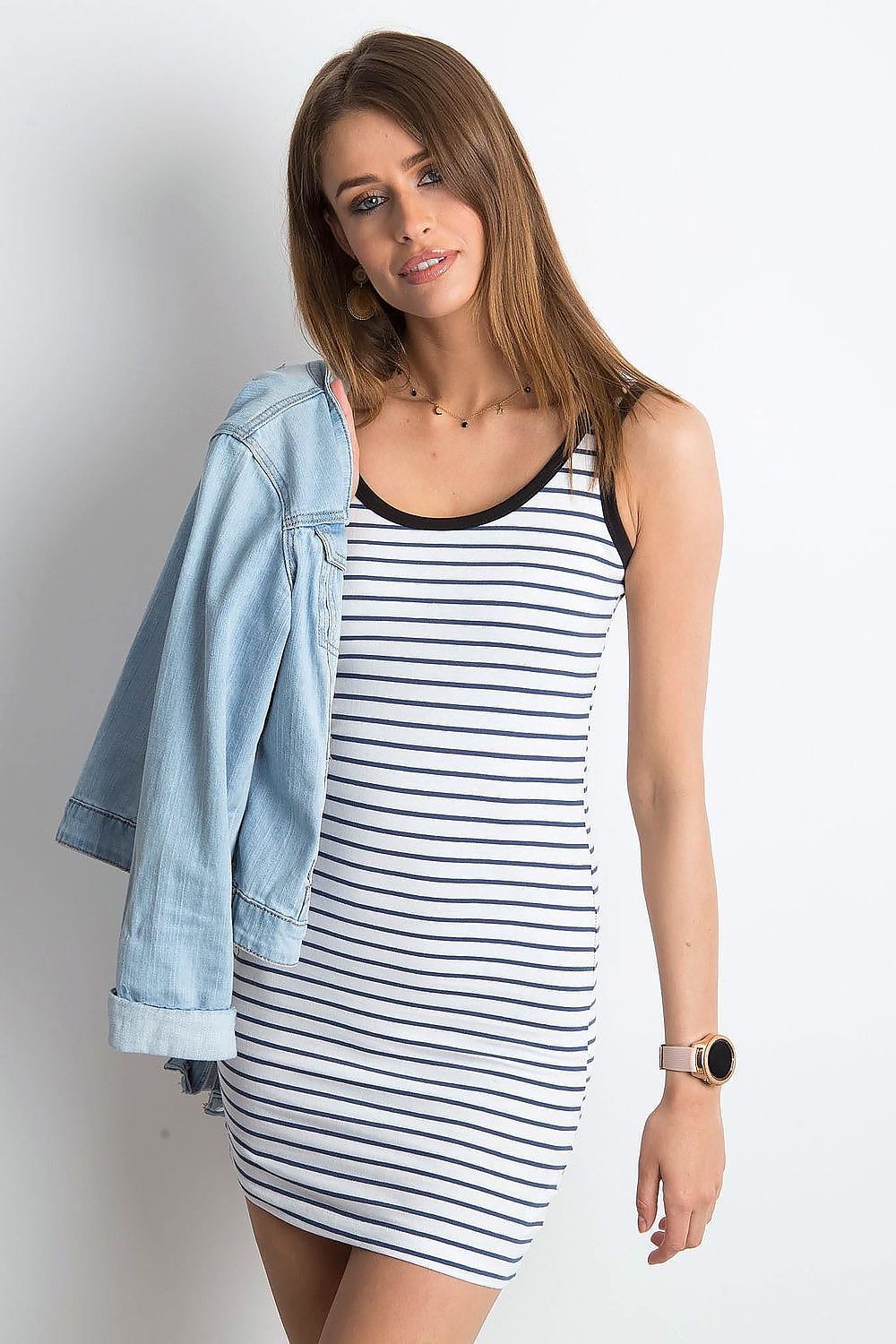 Elegant Summer Strapless Striped Mini Dress by Yups, artfully paired with a denim jacket, demonstrating versatile summer fashion.