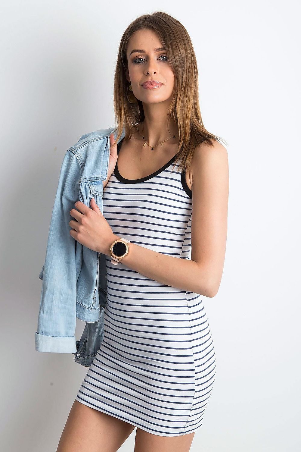 Elegant Summer Strapless Striped Mini Dress by Yups, showcasing a stylish design with a model wearing it, perfect for summer occasions.