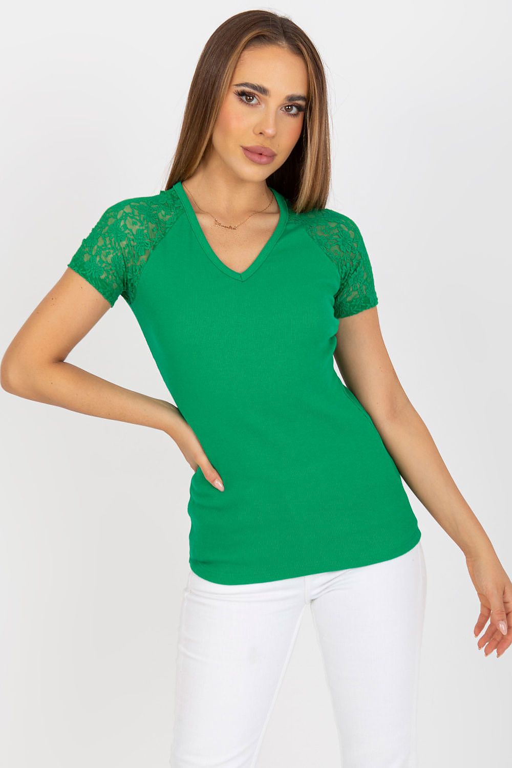 Elegant Rue Paris Blouse with Lace Short Sleeves and Heart Neckline in Cotton-Spandex Blend showcased on model wearing a vibrant green top, highlighting its stylish lace short sleeves.