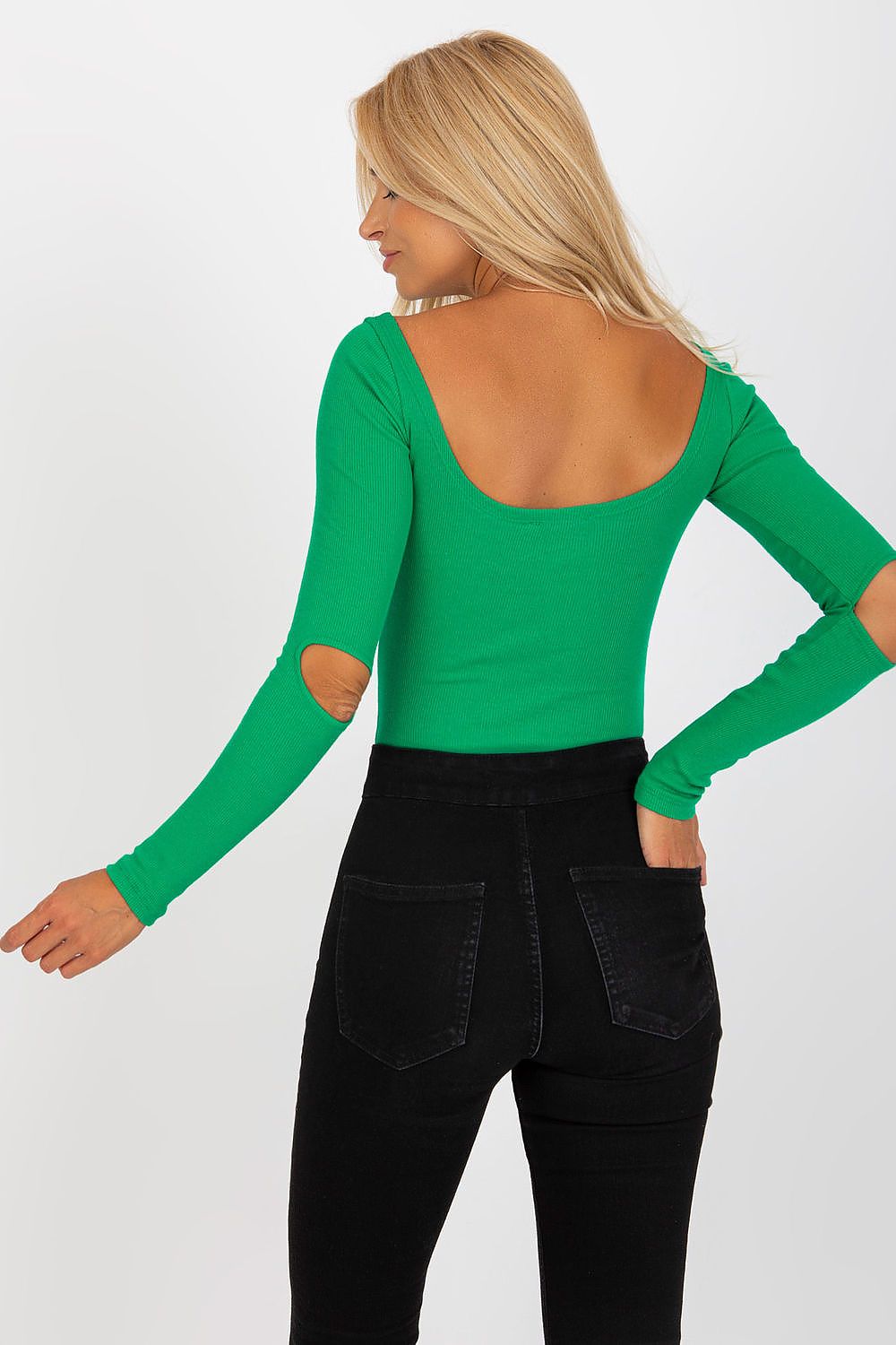 Elegant Long Sleeve Blouse with Boat Neckline and Decorative Slits - Rue Paris, highlighting the back of a sophisticated green blouse with a deep cutout and trendy elbow slits, perfect for a luxurious wardrobe.
