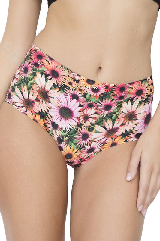 Julimex RUDBEKIA MAXI high-waisted bikini bottom featuring a vibrant floral pattern, showcasing seamless edge finish for a luxurious summer look.