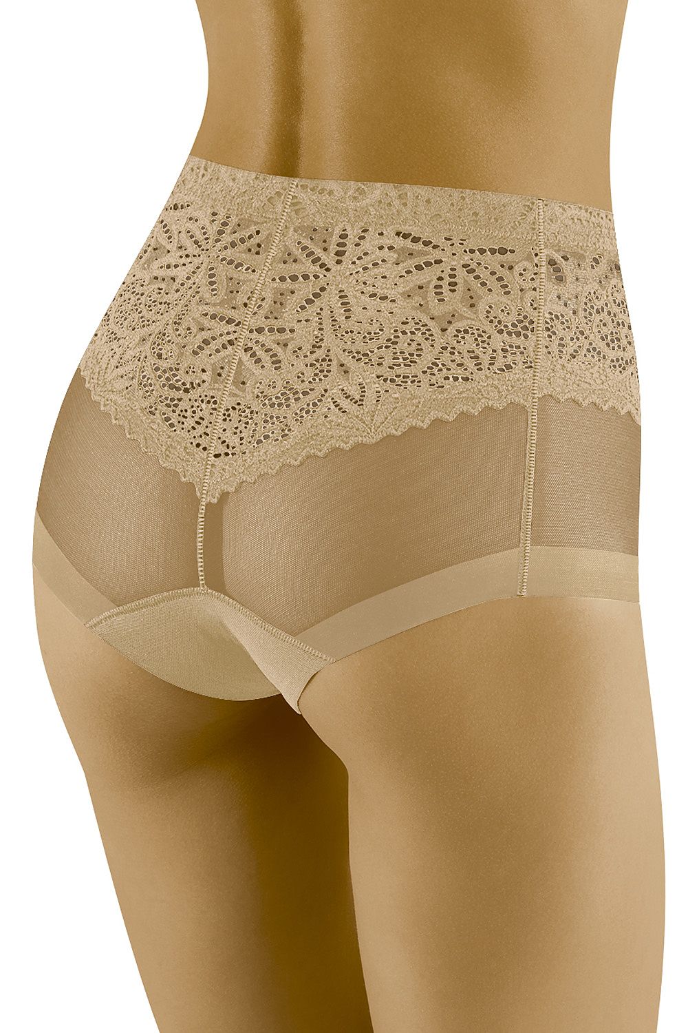 Reverse view of Wolbar Classic High-Waisted Lace Panties highlighting intricate lace design and seamless fit for enhanced comfort, available in sizes M to XXL.
