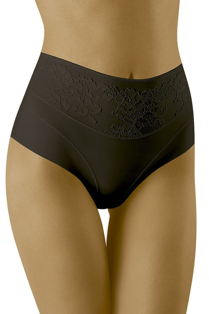 Wolbar Women's Higher-Waisted Micromodal and Lace Corrective Panties, elegantly designed in black, showcasing a smooth microfiber construction with intricate lace detailing, perfect for achieving an ideal figure.