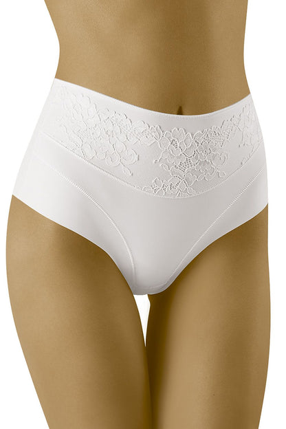 Wolbar Women's Higher-Waisted Micromodal and Lace Corrective Panties in pristine white, featuring delicate lace accents and a luxurious fabric that enhances the waistline for an ideal figure.