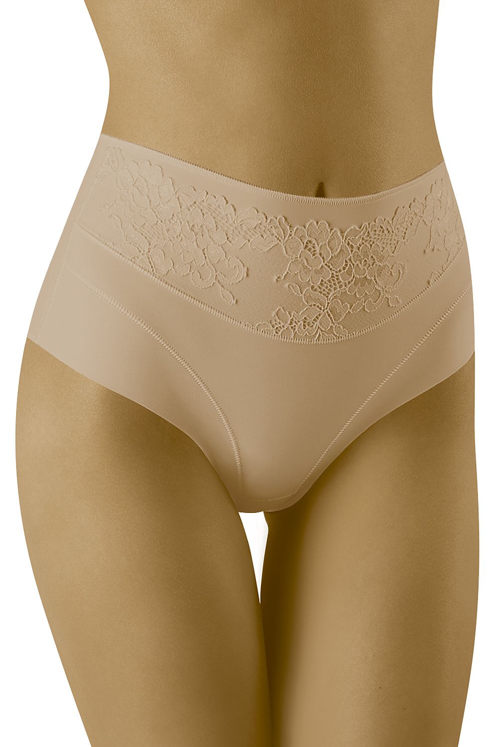 Wolbar Women's Higher-Waisted Micromodal and Lace Corrective Panties in a sophisticated nude style, featuring delicate lace detailing that accentuates the waistline while offering seamless support.