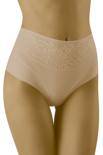 Wolbar Women's Higher-Waisted Micromodal and Lace Corrective Panties in a sophisticated nude style, featuring delicate lace detailing that accentuates the waistline while offering seamless support.