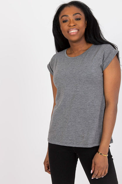 Women's Luxurious BFG Cotton Spandex T-Shirt - Short Sleeve Round Neckline, Perfect Fit. Model smiling while wearing a chic grey t-shirt.