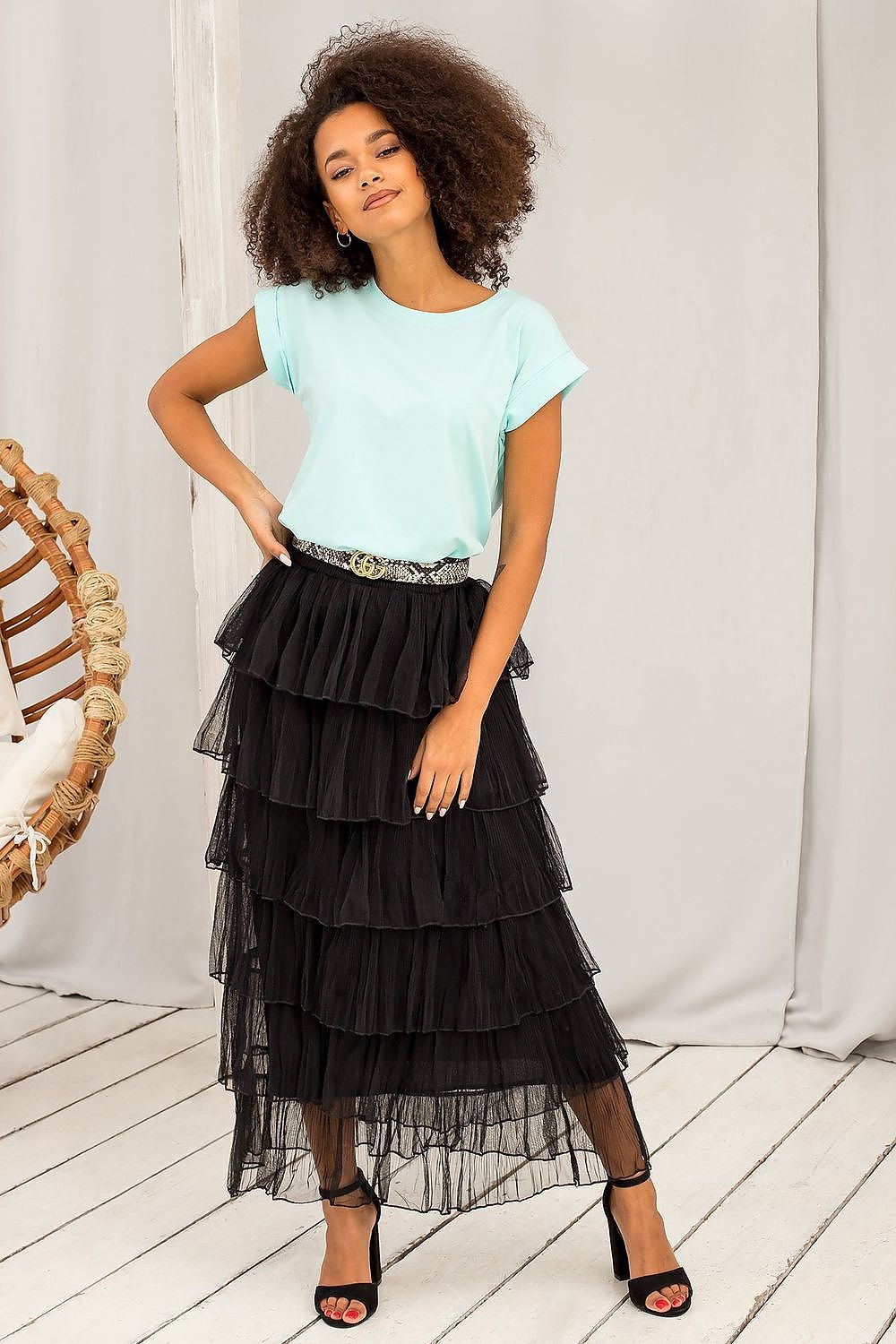 Elegant Women's Luxurious BFG Cotton Spandex T-Shirt in mint, featuring short sleeves and a round neckline, styled with a chic black tulle skirt, perfect fit for any occasion.