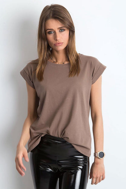 Stylish Women's Luxurious BFG Cotton Spandex T-Shirt in rich brown, showcasing short sleeves and a round neckline, paired with glossy black trousers for a modern look.