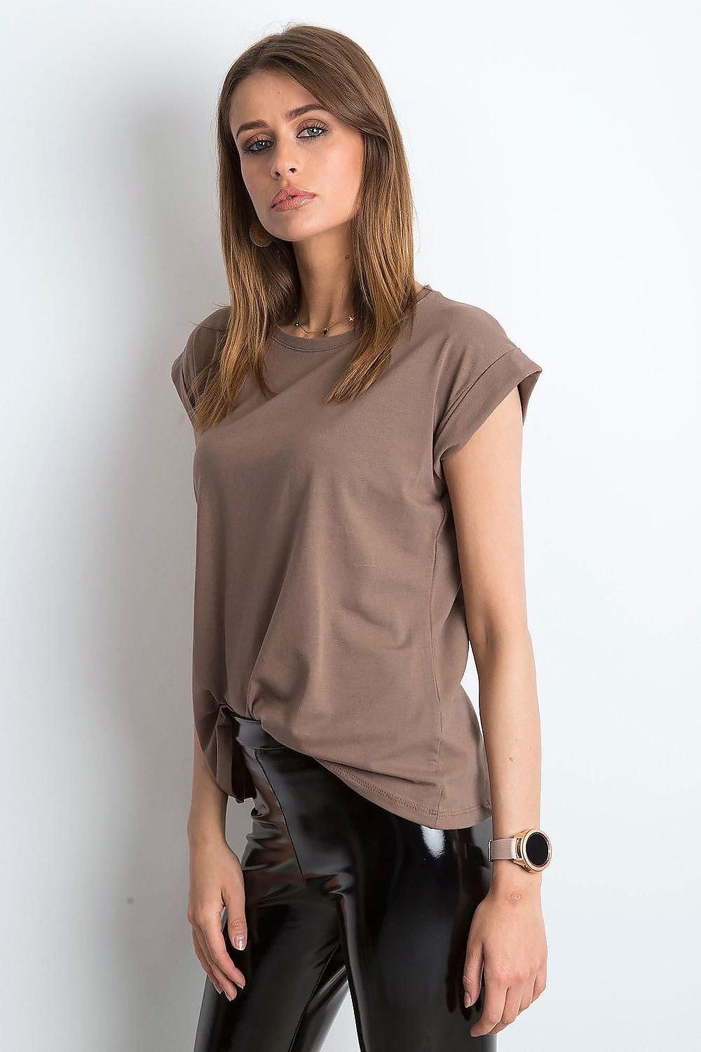 Sophisticated Women's Luxurious BFG Cotton Spandex T-Shirt in brown, short sleeves and round neckline, beautifully knotted at the front, perfect for a contemporary outfit.
