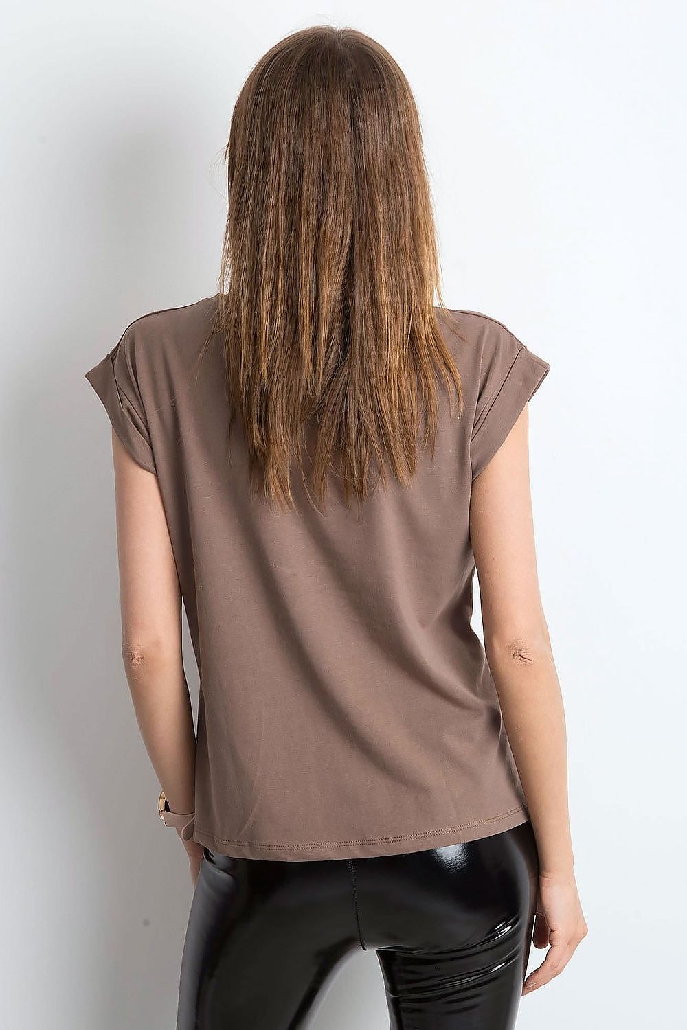 Chic back view of Women's Luxurious BFG Cotton Spandex T-Shirt in brown, demonstrating the short sleeve and round neckline design, ideal for a stylish wardrobe.