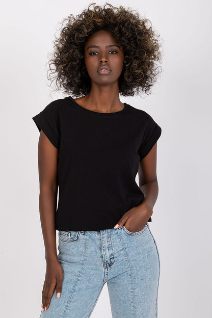 Stunning Women's Luxurious BFG Cotton Spandex T-Shirt in black, featuring short sleeves and a round neckline, elegantly paired with high-waisted denim for a luxury casual look.