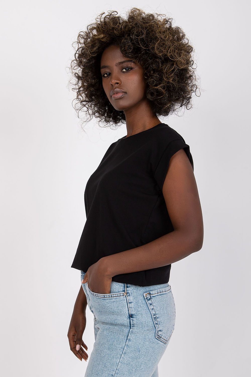 Elegant Women's Luxurious BFG Cotton Spandex T-Shirt in black, featuring short sleeves and a round neckline, designed to offer a perfect fit for everyday sophistication.