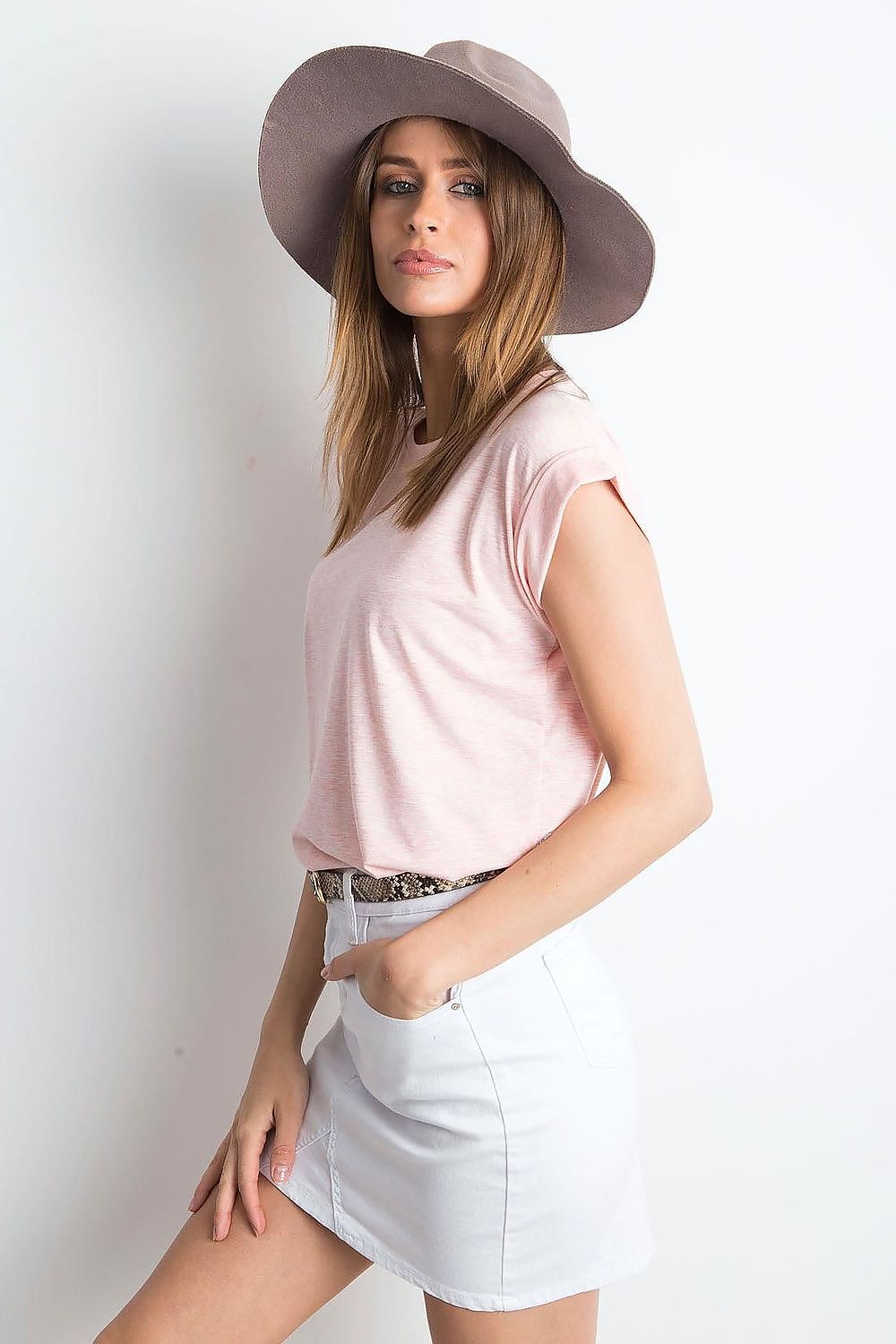 Stylish side view of the Women's Luxurious BFG Cotton Spandex T-Shirt in pink, showcasing its short sleeves and round neckline, a perfect fit for elegant casual looks.