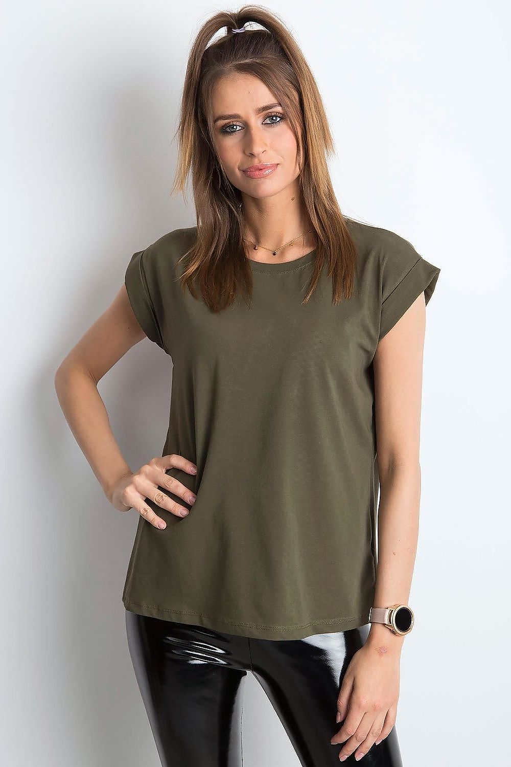 Women's Luxurious BFG Cotton Spandex T-Shirt in deep olive green, elegantly styled with short sleeves and a round neckline, epitomizing luxury and comfort.