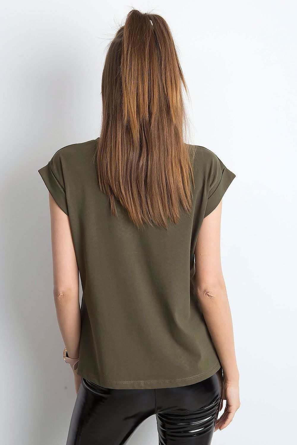 Another angle of the Women's Luxurious BFG Cotton Spandex T-Shirt in deep olive green, focusing on the luxurious fabric and fashionable short sleeve cut.