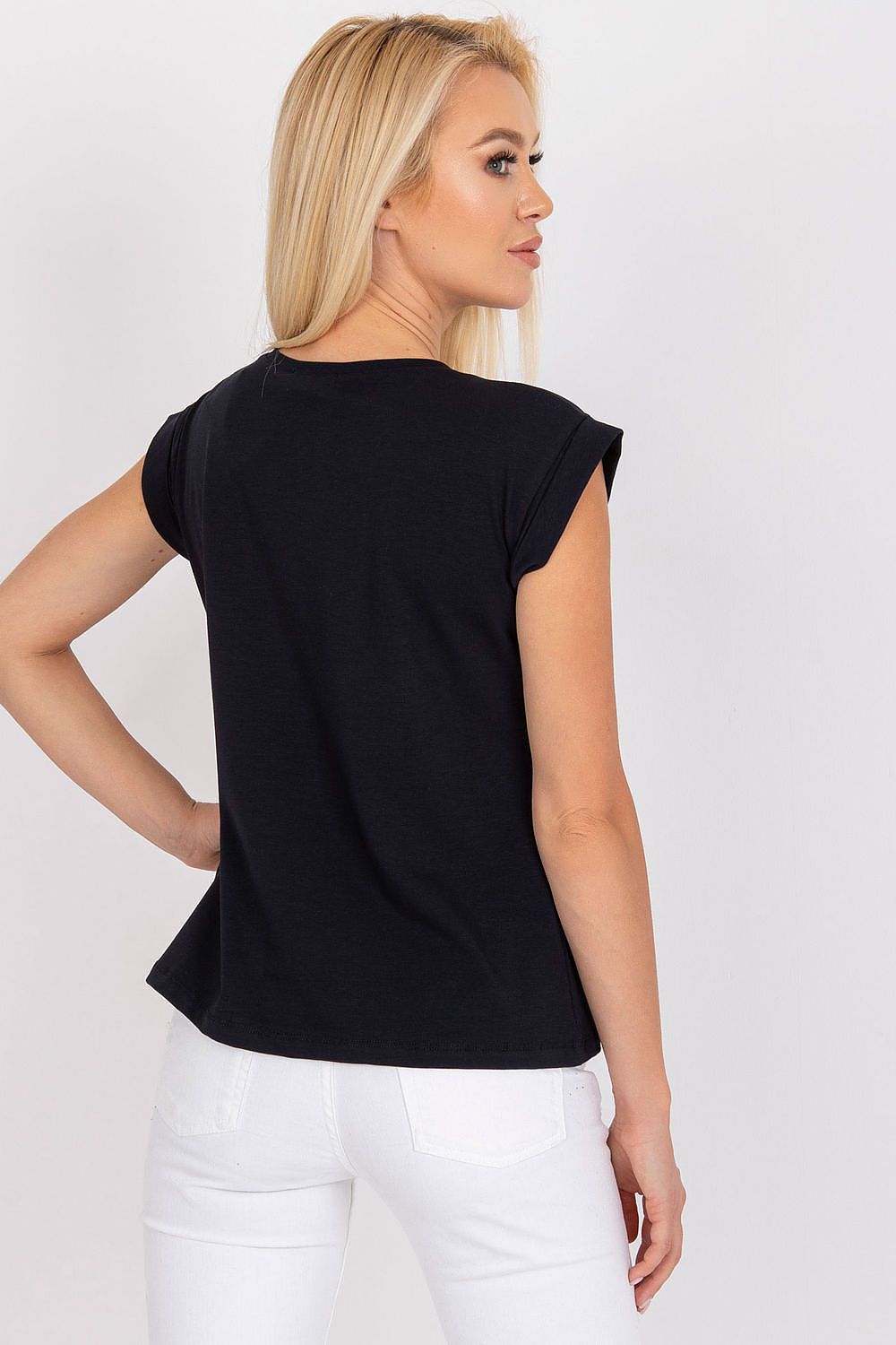 Elegant back view of a woman wearing the Women's Luxurious BFG Cotton Spandex T-Shirt with short sleeves, showcasing a perfect fit in a classic black colour.