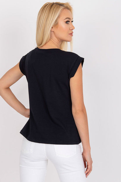 Elegant back view of a woman wearing the Women's Luxurious BFG Cotton Spandex T-Shirt with short sleeves, showcasing a perfect fit in a classic black colour.