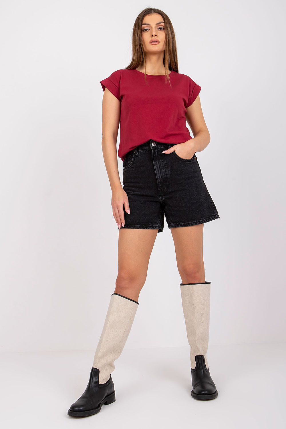 Women's Luxurious BFG Cotton Spandex T-Shirt - Short Sleeve Round Neckline, Perfect Fit, showcased with black denim shorts and stylish knee-high boots in a chic casual outfit.