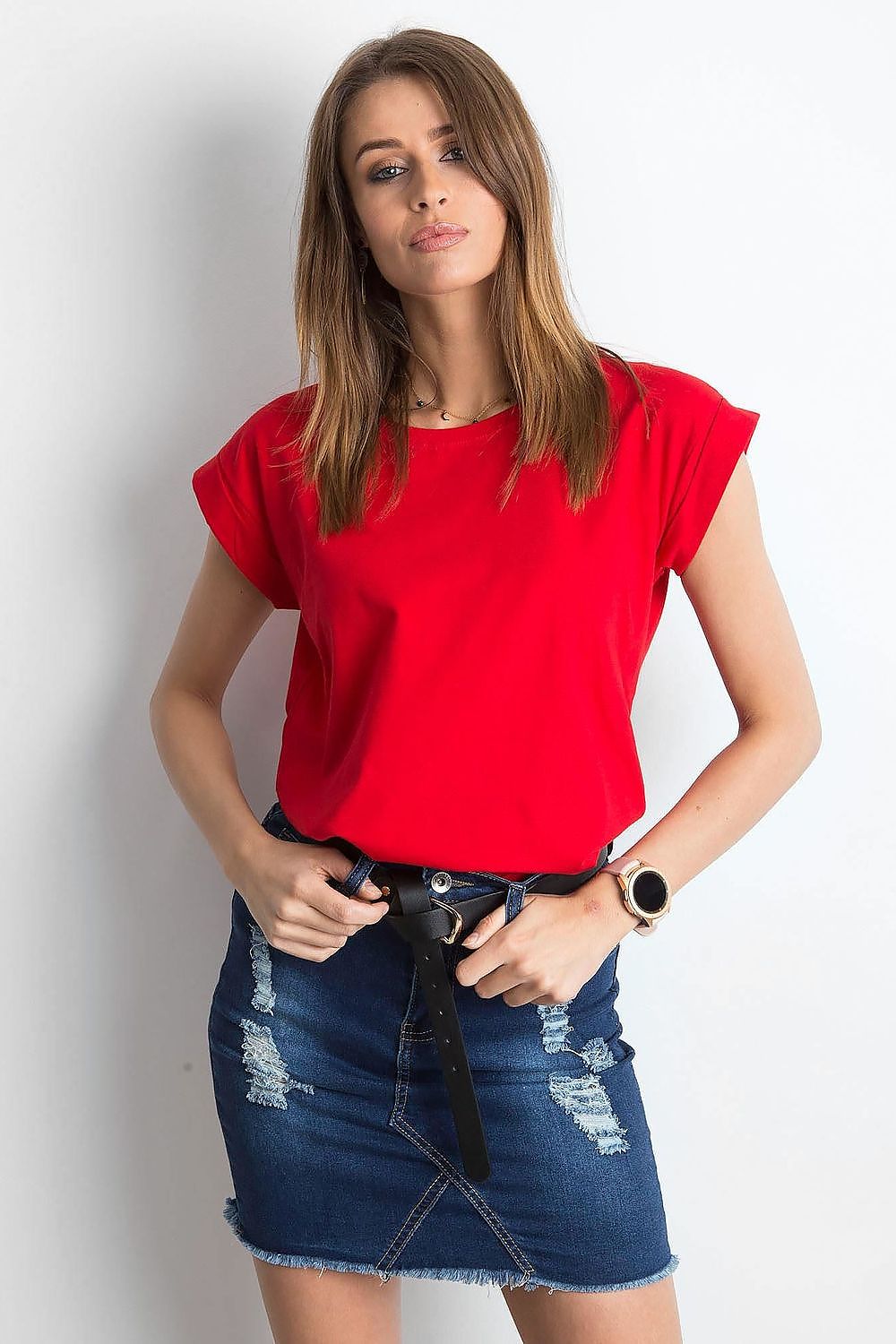 Women's Luxurious BFG Cotton Spandex T-Shirt in bold red, elegantly styled with short sleeves and a round neckline, perfect for chic everyday wear.