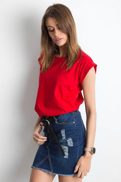 Women's Luxurious BFG Cotton Spandex T-Shirt in striking red, featuring a contemporary short sleeve cut and round neckline, ideal for a fashionable everyday look.