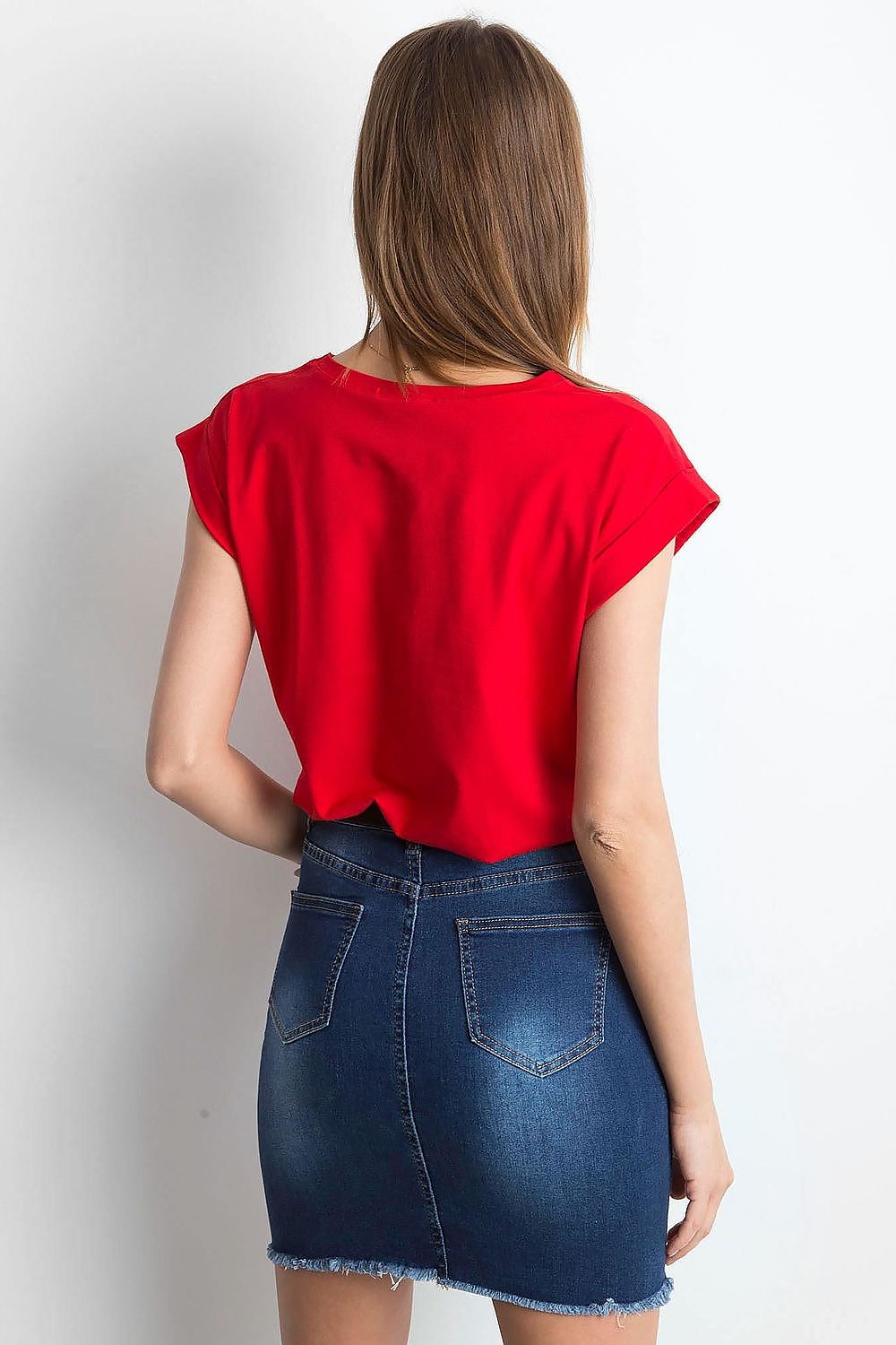 Back view of Women's Luxurious BFG Cotton Spandex T-Shirt in radiant red, highlighting the sophisticated short sleeve and round neckline, perfect fit for all styles.