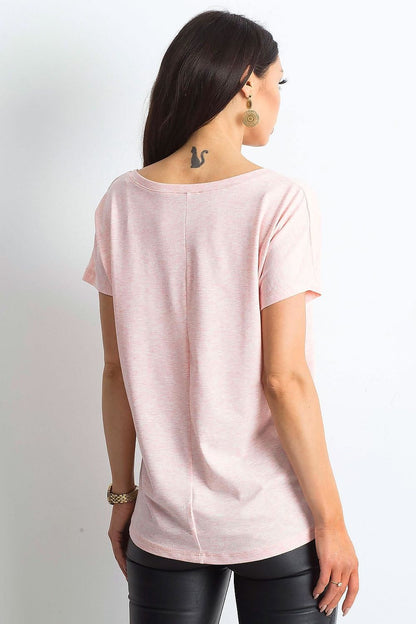 Back view of the Elegant Women's Short Sleeve T-Shirt with Heart Neckline, highlighting the soft fabric and stylish cut in a lovely pink shade.