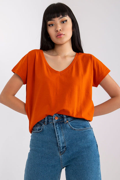 Chic Women's Short Sleeve T-Shirt with Heart Neckline in a vibrant orange colour, offering a modern and casual look.
