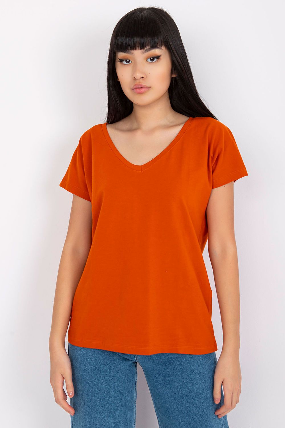 Front view of the Elegant Women's Short Sleeve T-Shirt with Heart Neckline in a bold orange, ideal for a fashionable yet casual wardrobe.