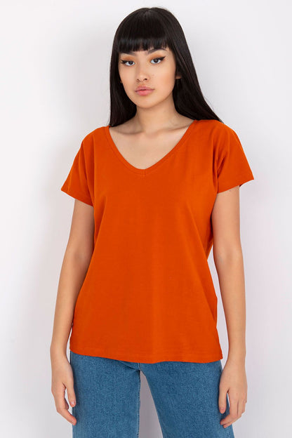 Front view of the Elegant Women's Short Sleeve T-Shirt with Heart Neckline in a bold orange, ideal for a fashionable yet casual wardrobe.