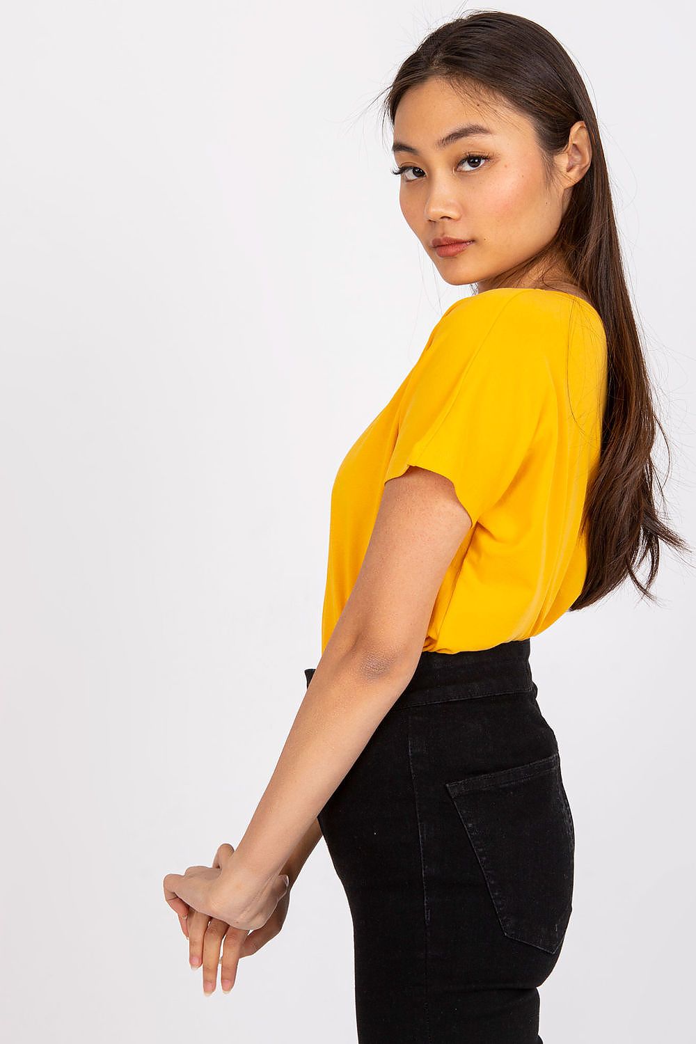 Elegant Women's Short Sleeve T-Shirt with Heart Neckline showcased in a sleek side view, highlighting its comfortable fit in yellow.