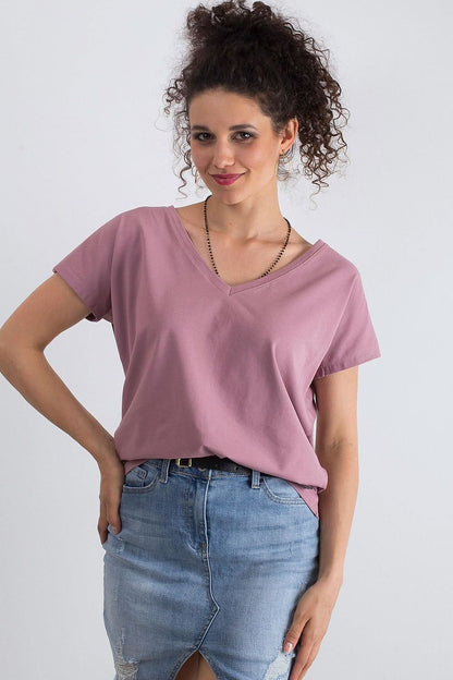Elegant Women's Short Sleeve T-Shirt with Heart Neckline in a stylish pink, featuring casual elegance, perfect for versatile wear.