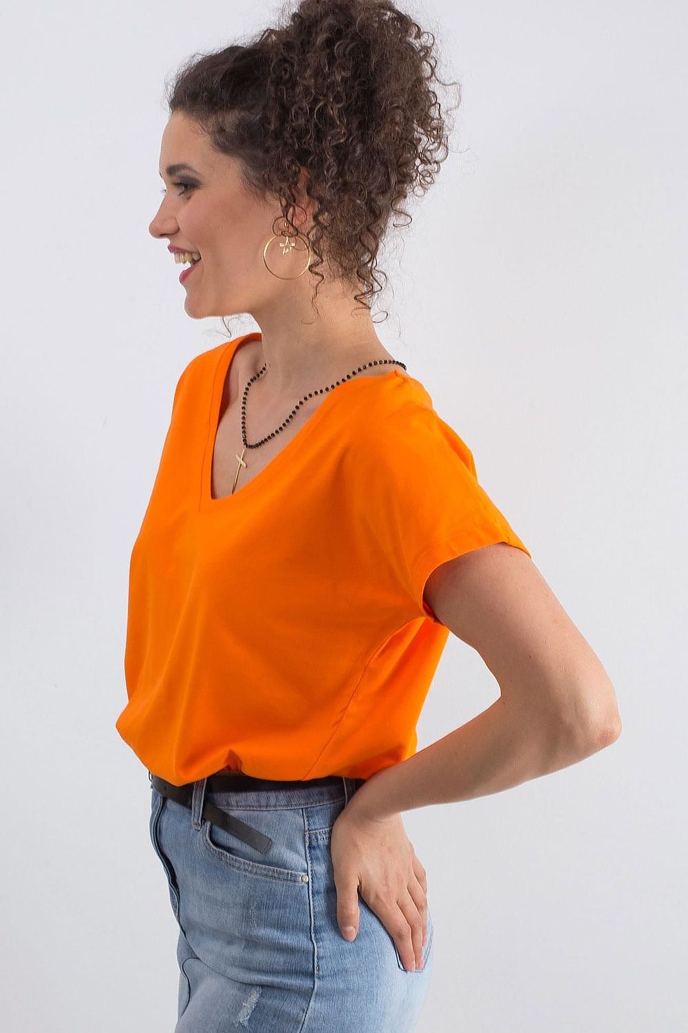 Elegant Women's Short Sleeve T-Shirt with Heart Neckline in vibrant orange, showcasing a chic casual style, perfect for everyday wear.