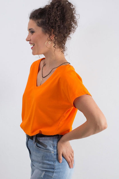 Elegant Women's Short Sleeve T-Shirt with Heart Neckline in vibrant orange, showcasing a chic casual style, perfect for everyday wear.