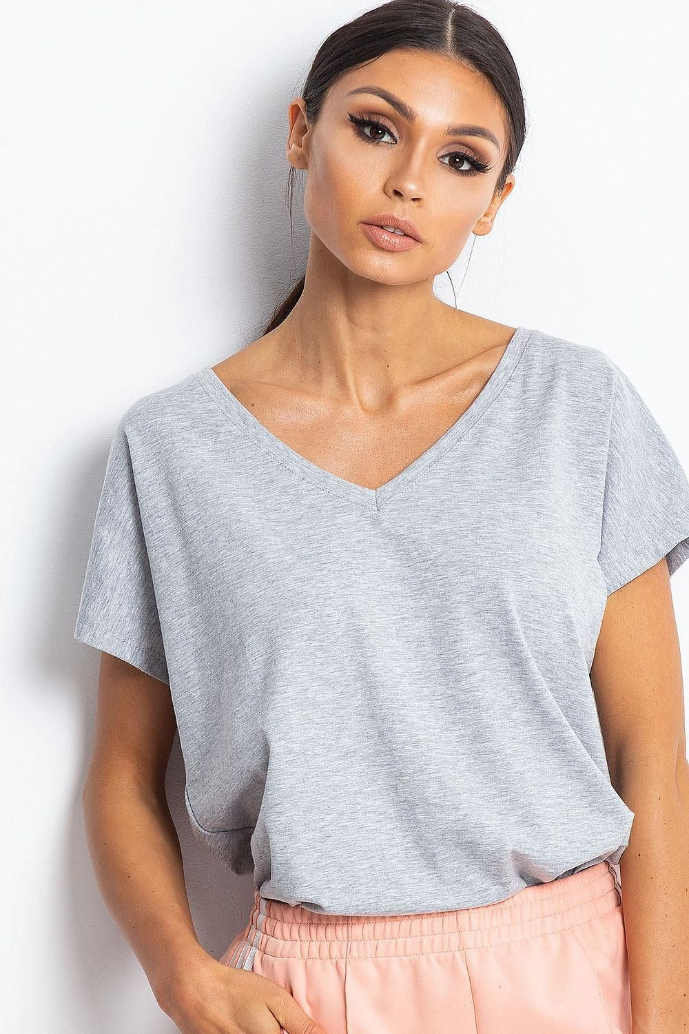 Elegant Women's Short Sleeve T-Shirt with Heart Neckline in stylish grey, offering a versatile casual look suitable for various occasions.